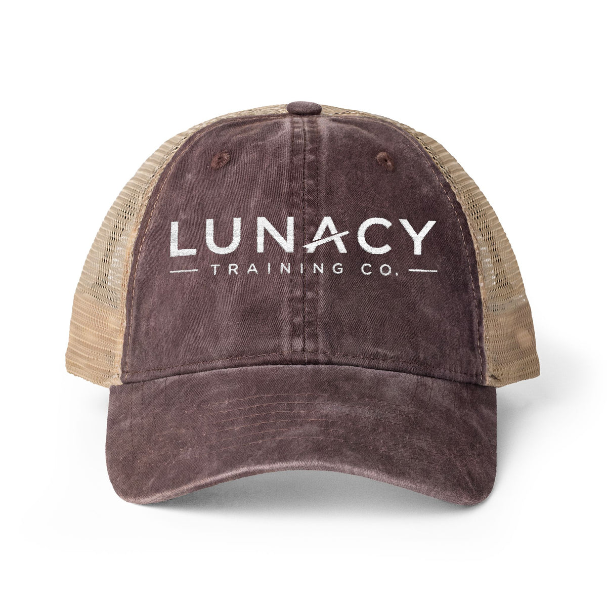 Washed Mesh-Back Ponytail Hat with white LUNACY embroidery