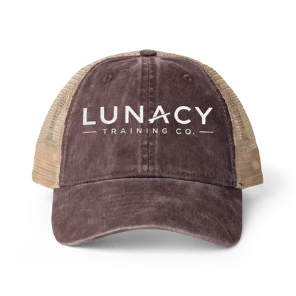 Washed Mesh-Back Ponytail Hat with white LUNACY embroidery