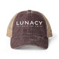 Washed Mesh-Back Ponytail Hat with white LUNACY embroidery