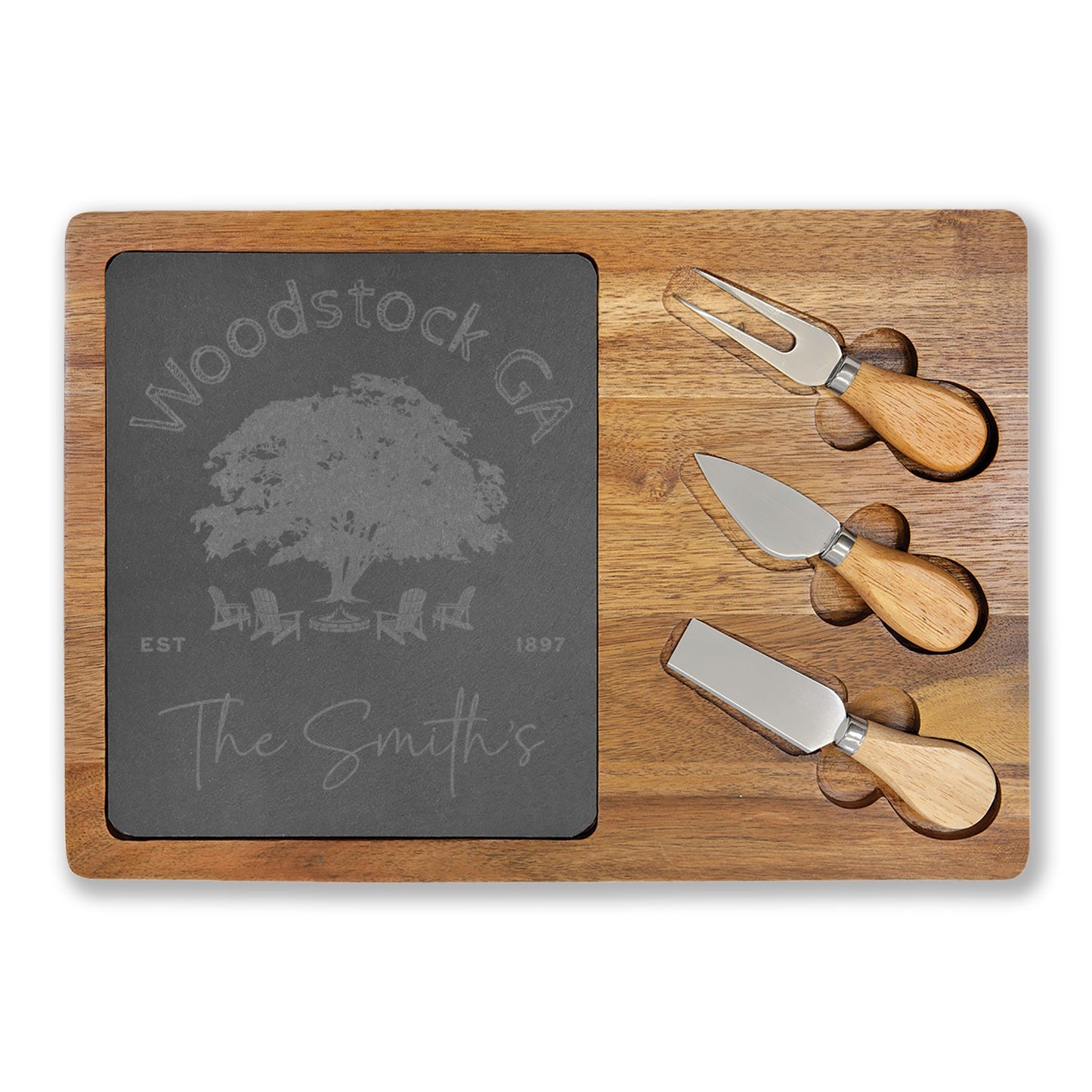 Woodstock Personalized Bamboo Board with Slate Inlay & Cheese Knives