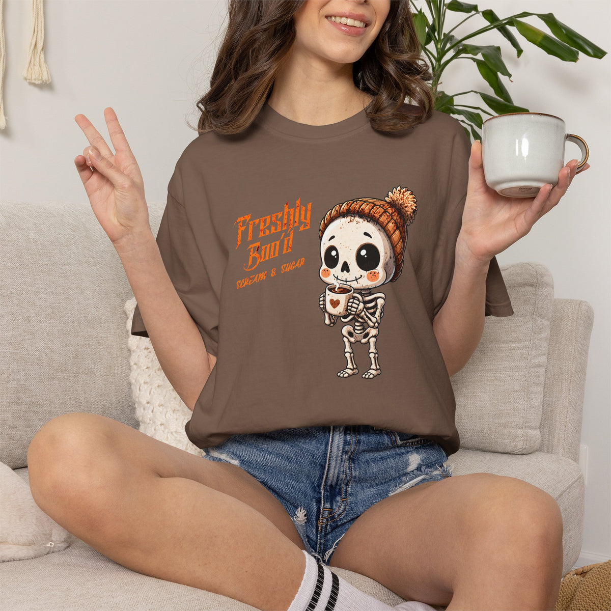 Cute Skeleton “Freshly Boo’d Coffee” Halloween T-Shirt