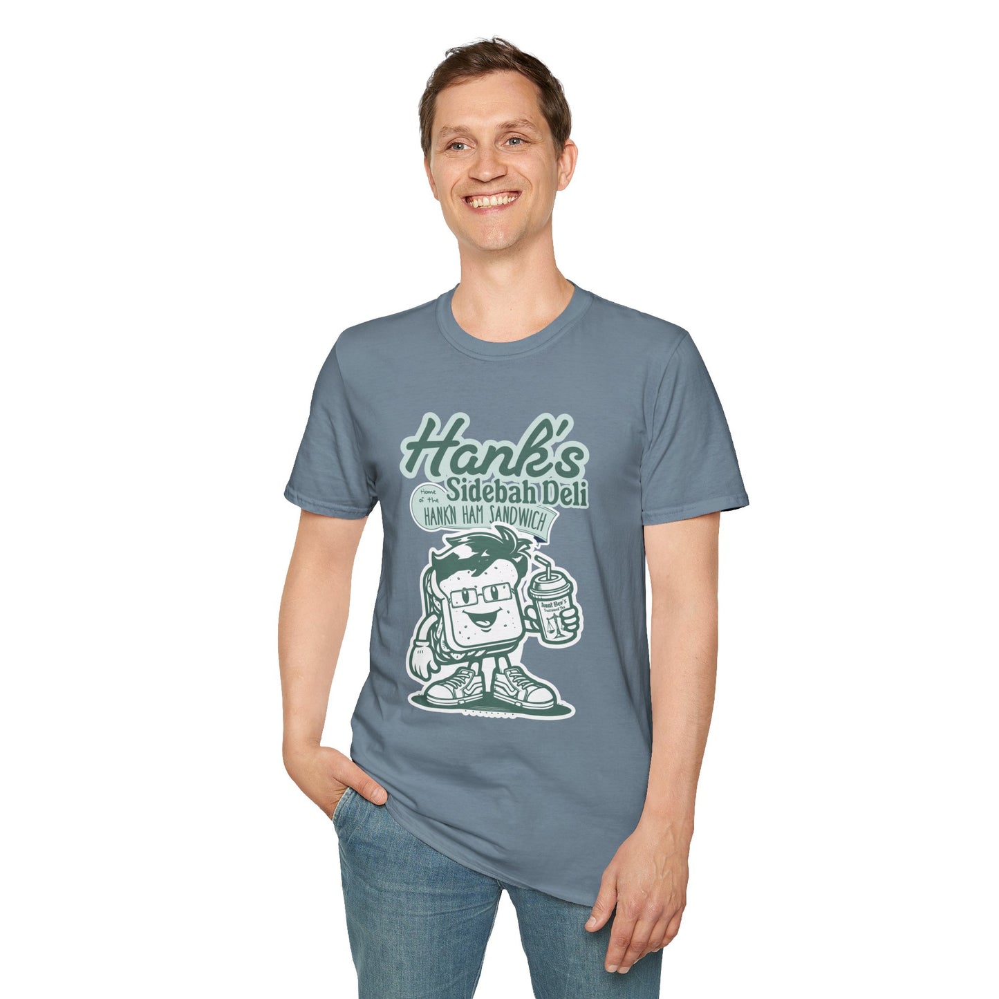 Hank's Sidebah Deli, Karen Read Trial Humor Unisex Softstyle Tee