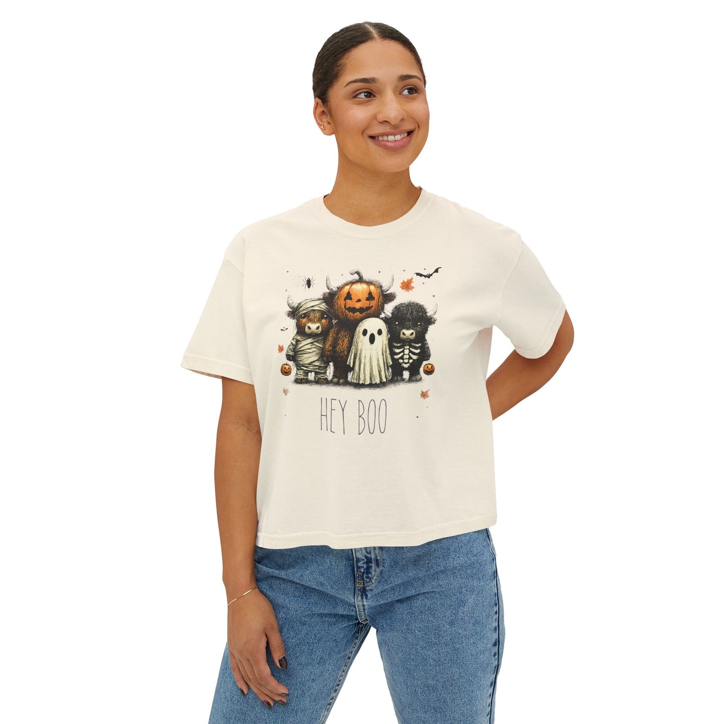 Cute Halloween Cow 'Hey Boo' Comfort Colors 3023CL Shirt, Women's Boxy Tee, Halloween Costume, Fall Outfit, Funny Animal Top, Graphic Tee
