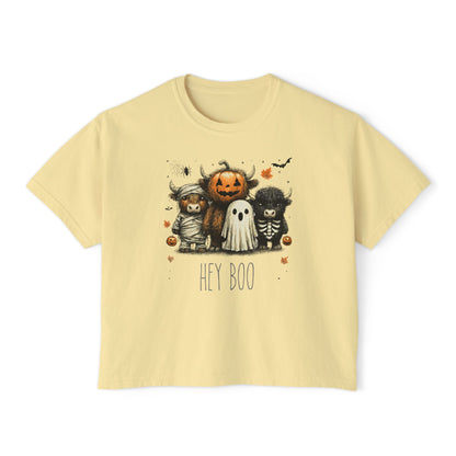 Cute Halloween Cow 'Hey Boo' Comfort Colors 3023CL Shirt, Women's Boxy Tee, Halloween Costume, Fall Outfit, Funny Animal Top, Graphic Tee