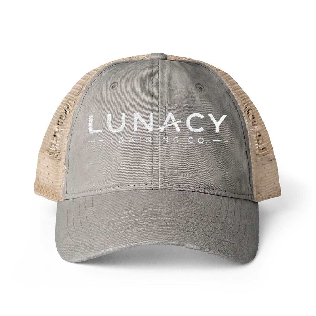 Washed Mesh-Back Ponytail Hat with white LUNACY embroidery