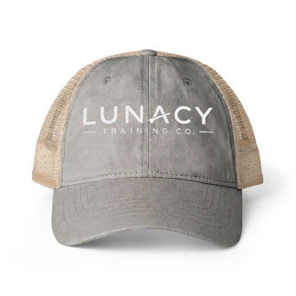 Washed Mesh-Back Ponytail Hat with white LUNACY embroidery
