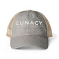 Washed Mesh-Back Ponytail Hat with white LUNACY embroidery