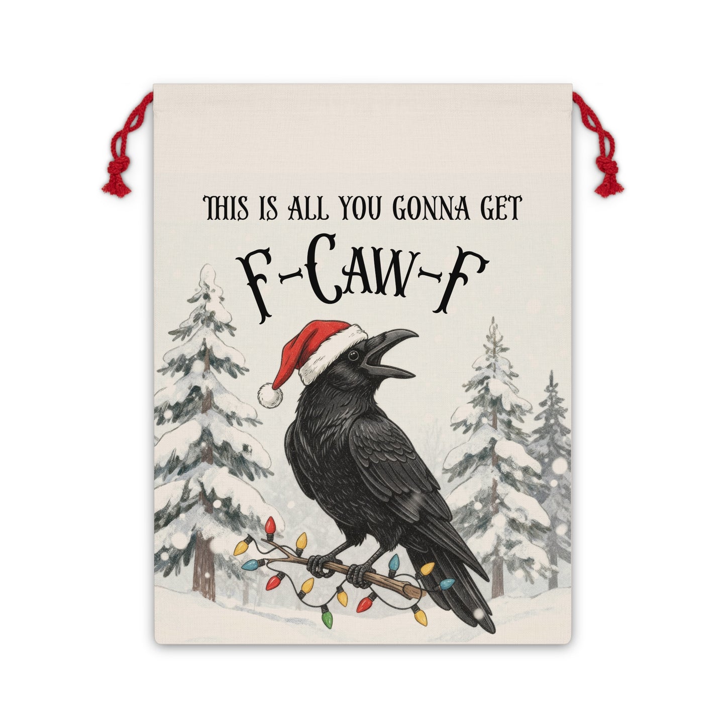 Santa Raven Illustration Gift Bag | Holiday Crow with Santa Hat & Lights