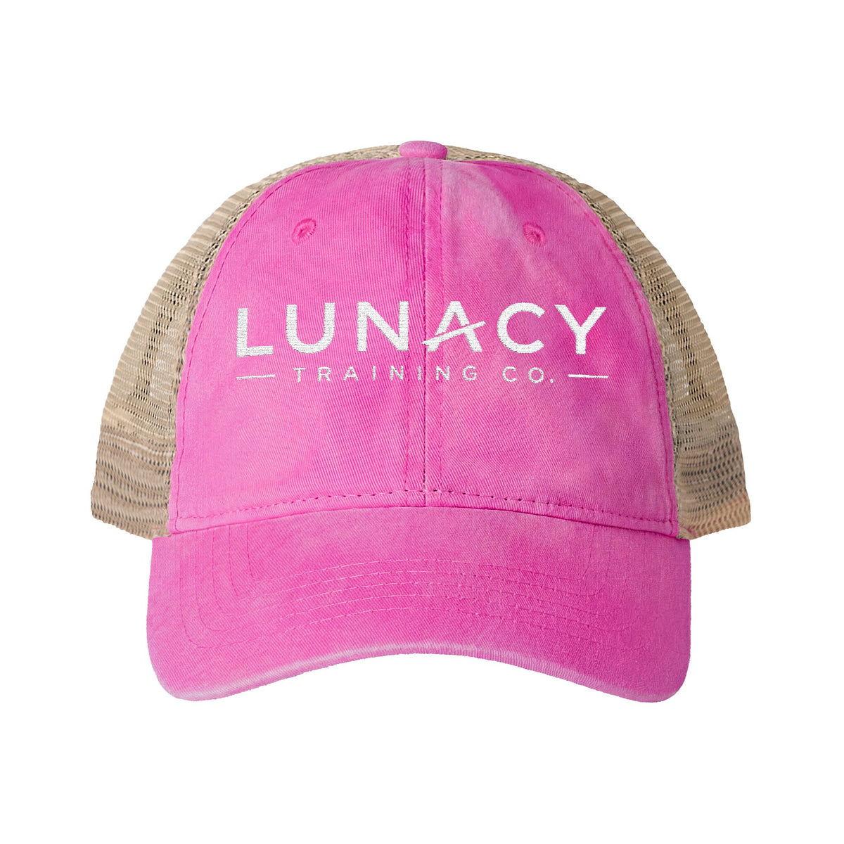 Washed Mesh-Back Ponytail Hat with white LUNACY embroidery