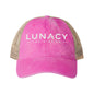 Washed Mesh-Back Ponytail Hat with white LUNACY embroidery
