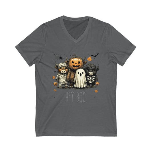 Cute Halloween Cow 'Hey Boo' V-Neck Tee, Halloween Shirt, Halloween Costume, Cow Lover Gift, Hey Boo V Neck, Halloween Party Outfit