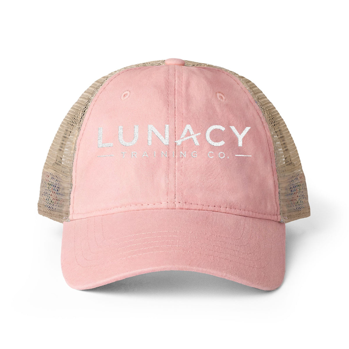 Washed Mesh-Back Ponytail Hat with white LUNACY embroidery