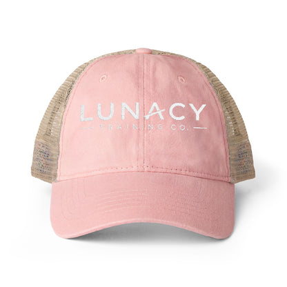 Washed Mesh-Back Ponytail Hat with white LUNACY embroidery