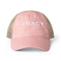 Washed Mesh-Back Ponytail Hat with white LUNACY embroidery