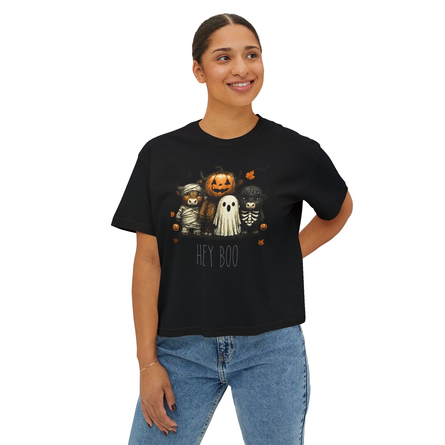 Cute Halloween Cow 'Hey Boo' Comfort Colors 3023CL Shirt, Women's Boxy Tee, Halloween Costume, Fall Outfit, Funny Animal Top, Graphic Tee