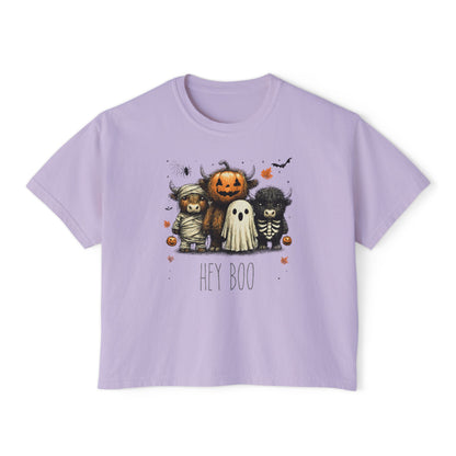 Cute Halloween Cow 'Hey Boo' Comfort Colors 3023CL Shirt, Women's Boxy Tee, Halloween Costume, Fall Outfit, Funny Animal Top, Graphic Tee