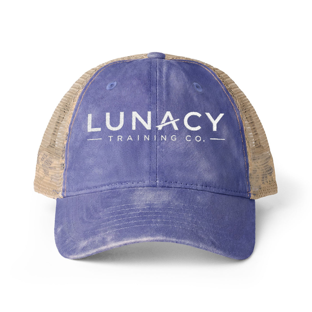 Washed Mesh-Back Ponytail Hat with white LUNACY embroidery