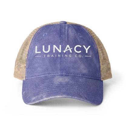 Washed Mesh-Back Ponytail Hat with white LUNACY embroidery