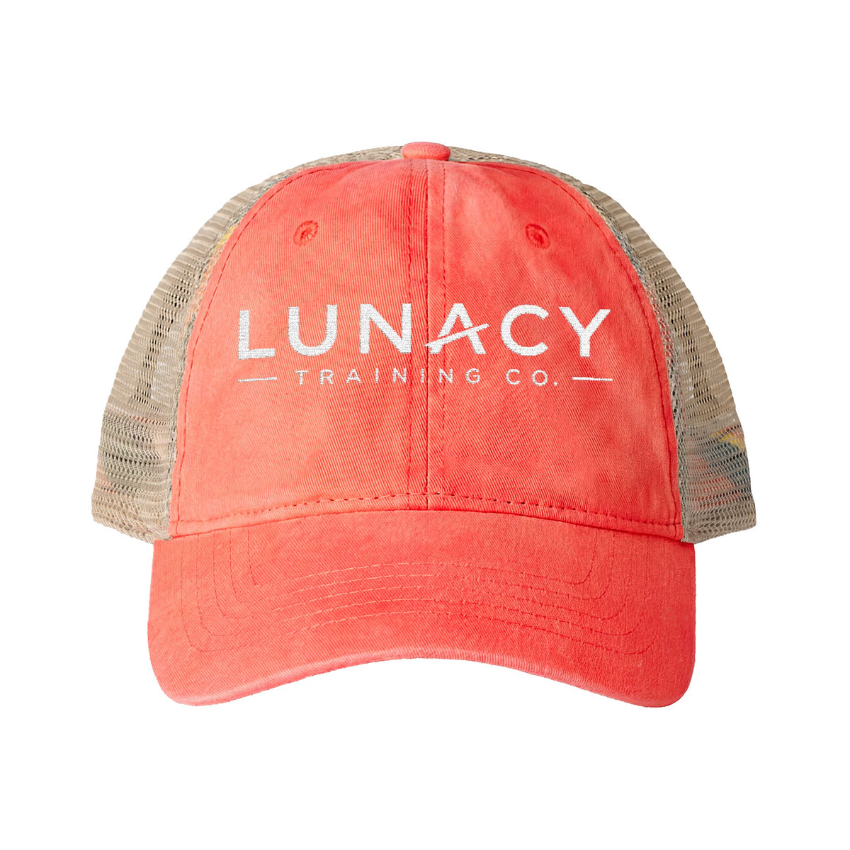 Washed Mesh-Back Ponytail Hat with white LUNACY embroidery