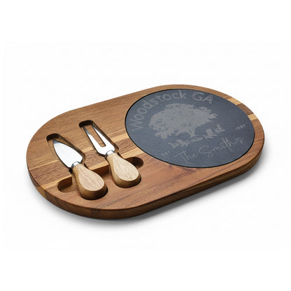 Woodstock Personalized Bamboo Board with Slate Inlay & Cheese Knives