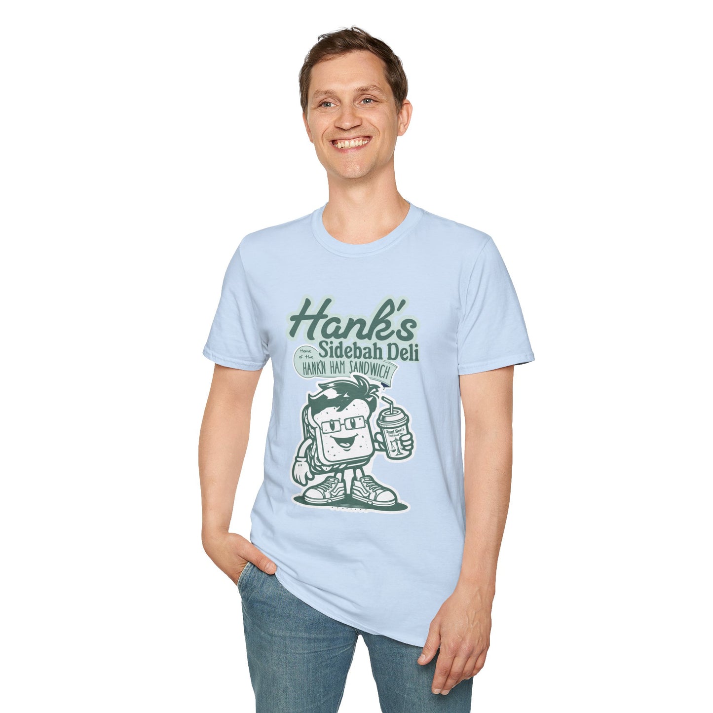 Hank's Sidebah Deli, Karen Read Trial Humor Unisex Softstyle Tee