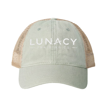Washed Mesh-Back Ponytail Hat with white LUNACY embroidery