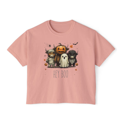 Cute Halloween Cow 'Hey Boo' Comfort Colors 3023CL Shirt, Women's Boxy Tee, Halloween Costume, Fall Outfit, Funny Animal Top, Graphic Tee
