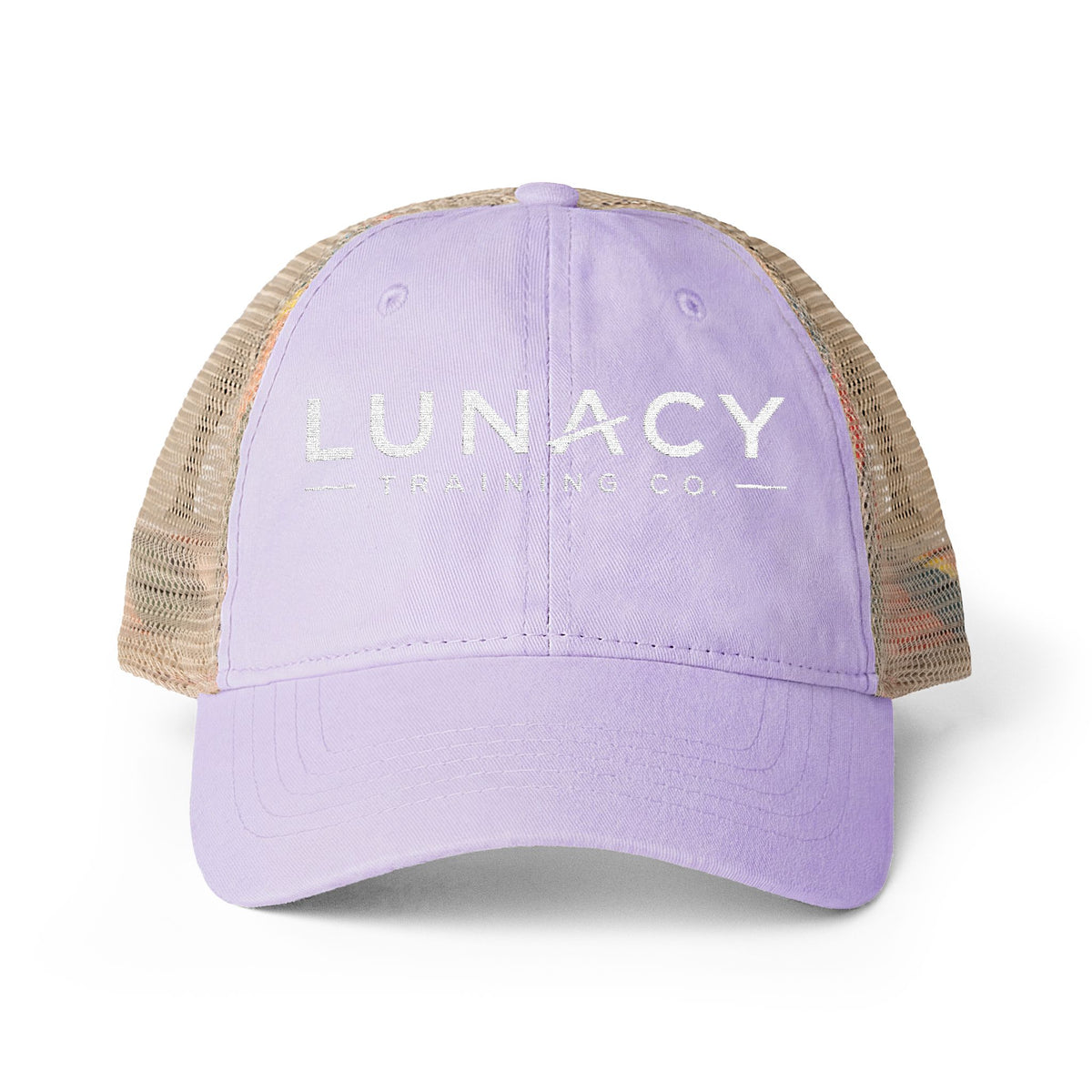 Washed Mesh-Back Ponytail Hat with white LUNACY embroidery