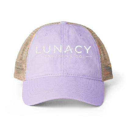 Washed Mesh-Back Ponytail Hat with white LUNACY embroidery