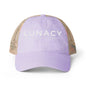 Washed Mesh-Back Ponytail Hat with white LUNACY embroidery
