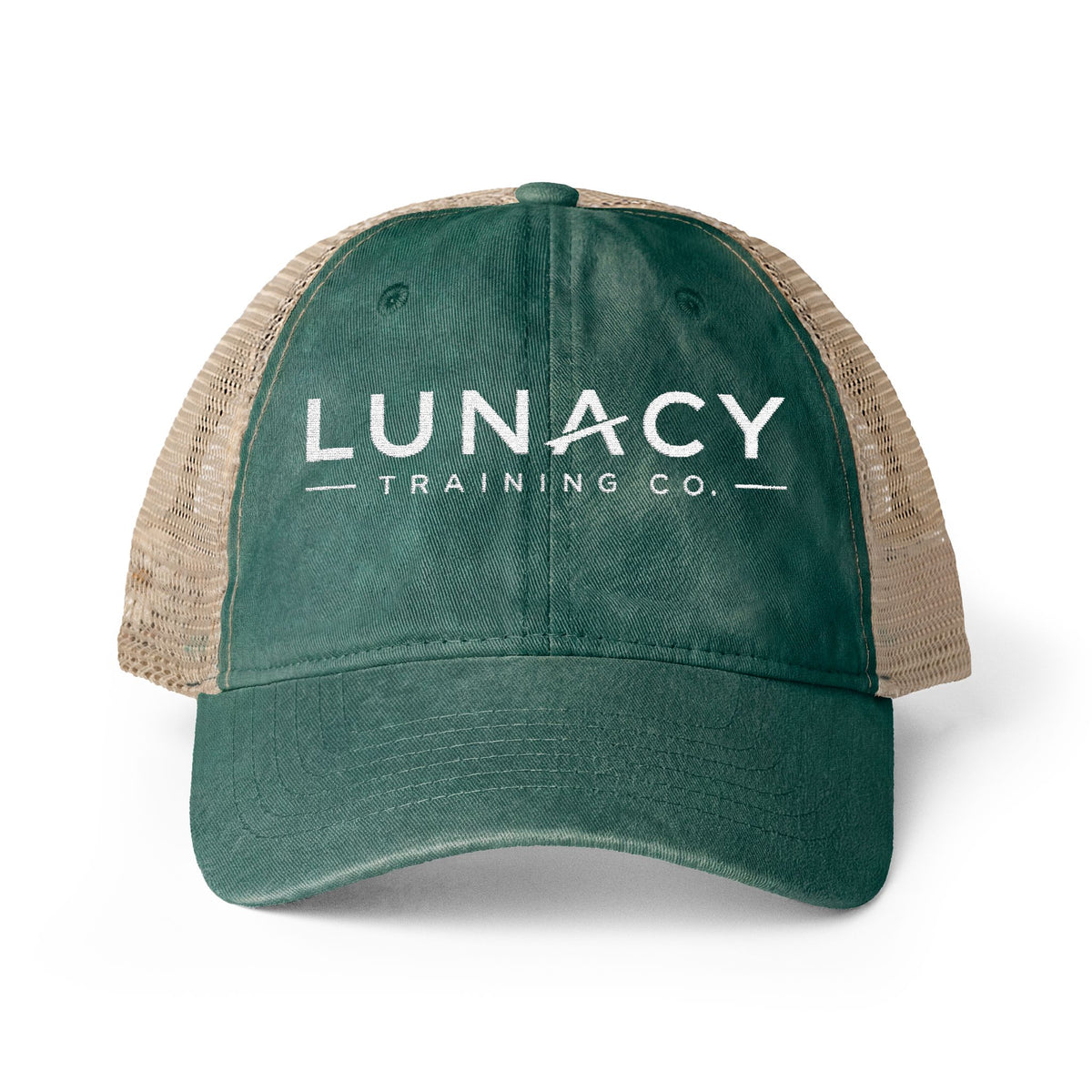 Washed Mesh-Back Ponytail Hat with white LUNACY embroidery