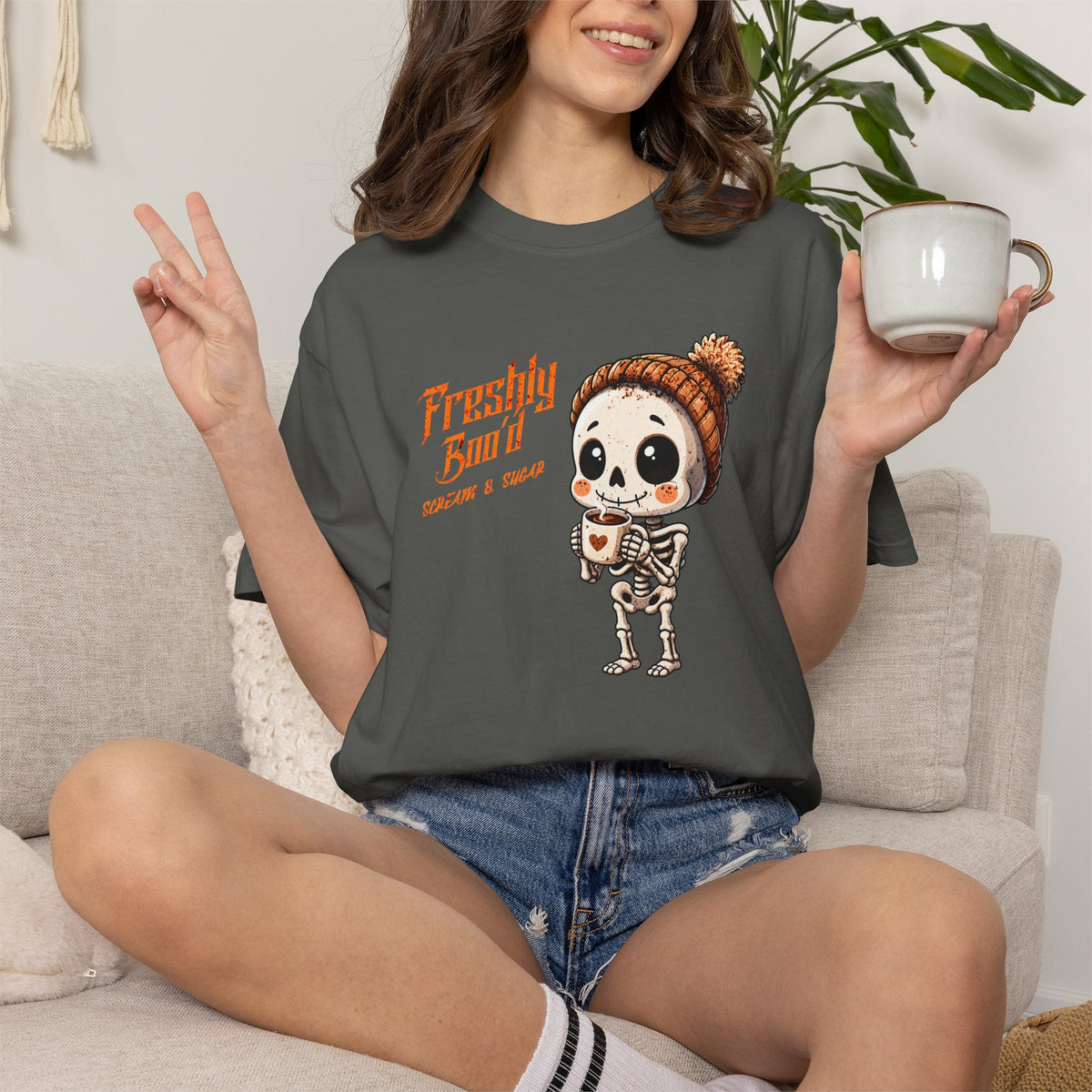 Cute Skeleton “Freshly Boo’d Coffee” Halloween T-Shirt