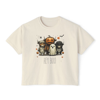 Cute Halloween Cow 'Hey Boo' Comfort Colors 3023CL Shirt, Women's Boxy Tee, Halloween Costume, Fall Outfit, Funny Animal Top, Graphic Tee