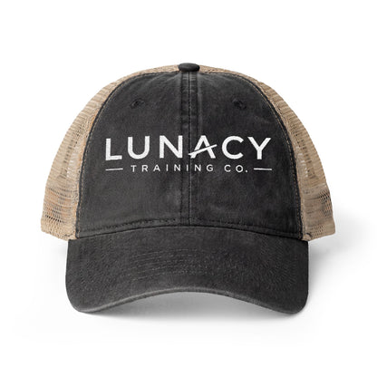 Washed Mesh-Back Ponytail Hat with white LUNACY embroidery