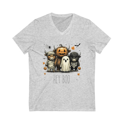 Cute Halloween Cow 'Hey Boo' V-Neck Tee, Halloween Shirt, Halloween Costume, Cow Lover Gift, Hey Boo V Neck, Halloween Party Outfit