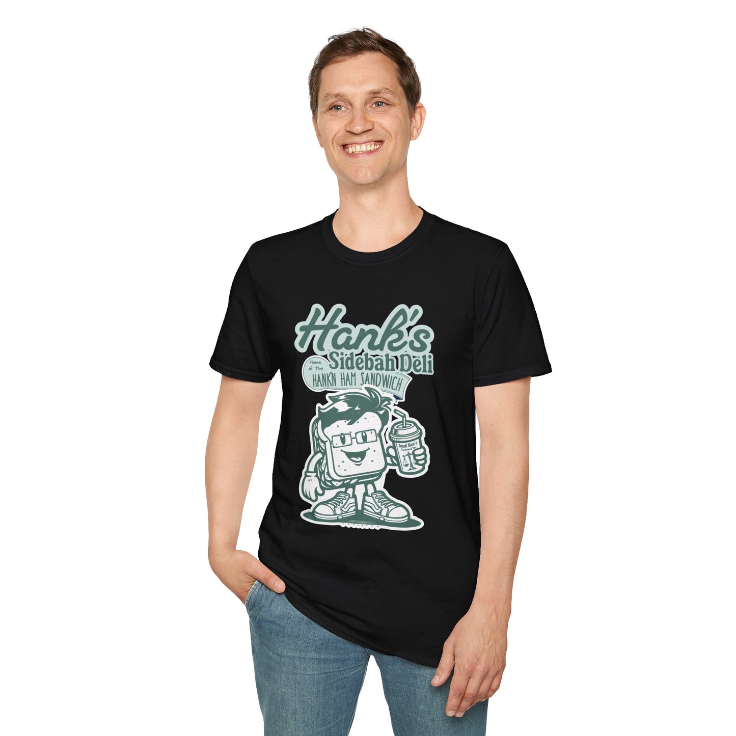 Hank's Sidebah Deli, Karen Read Trial Humor Unisex Softstyle Tee