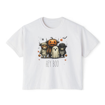 Cute Halloween Cow 'Hey Boo' Comfort Colors 3023CL Shirt, Women's Boxy Tee, Halloween Costume, Fall Outfit, Funny Animal Top, Graphic Tee