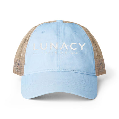 Washed Mesh-Back Ponytail Hat with white LUNACY embroidery
