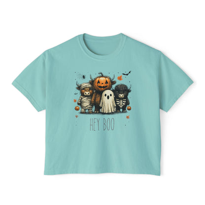 Cute Halloween Cow 'Hey Boo' Comfort Colors 3023CL Shirt, Women's Boxy Tee, Halloween Costume, Fall Outfit, Funny Animal Top, Graphic Tee
