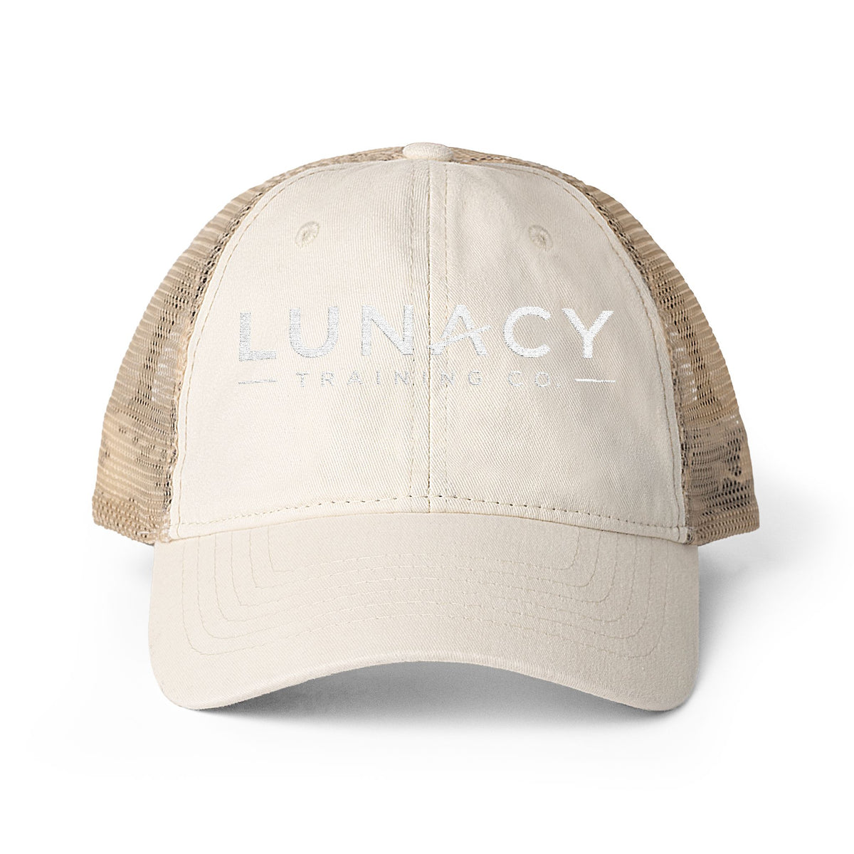 Washed Mesh-Back Ponytail Hat with white LUNACY embroidery