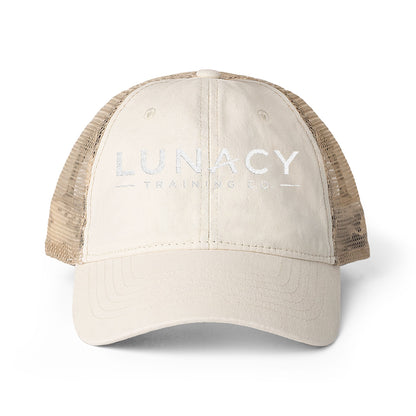 Washed Mesh-Back Ponytail Hat with white LUNACY embroidery