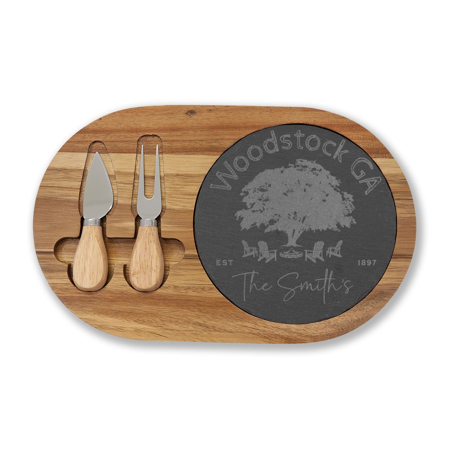 Woodstock Personalized Bamboo Board with Slate Inlay & Cheese Knives