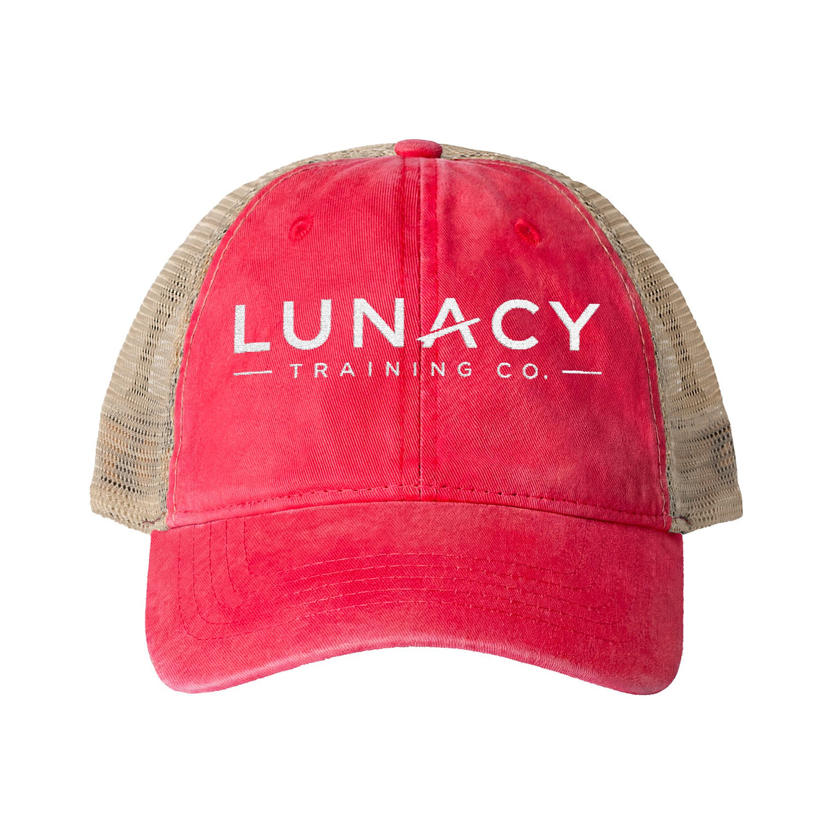 Washed Mesh-Back Ponytail Hat with white LUNACY embroidery