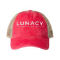 Washed Mesh-Back Ponytail Hat with white LUNACY embroidery