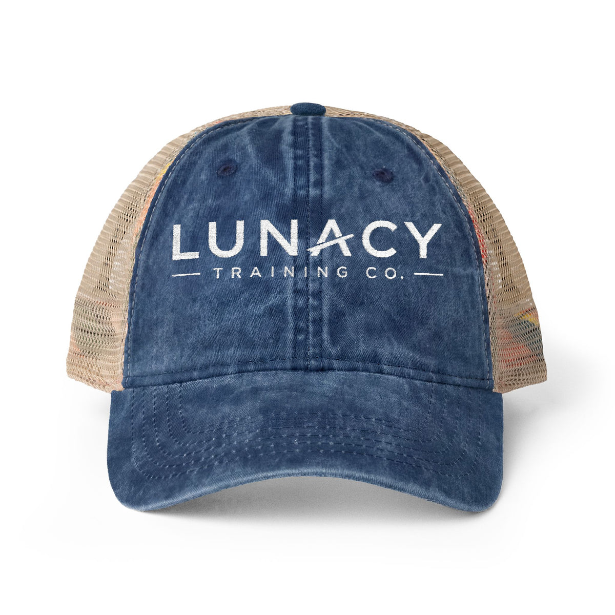 Washed Mesh-Back Ponytail Hat with white LUNACY embroidery