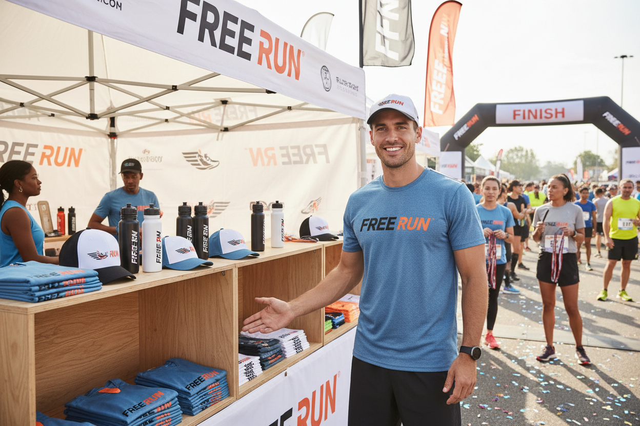 create an image of a good looking male, late 20's, in shape wearing a shirt and hat that both have a logo on them for the running store called 'FREE RUN'. The setting is at a booth at a 5k road race. Male is selling merch with this logo as well. 