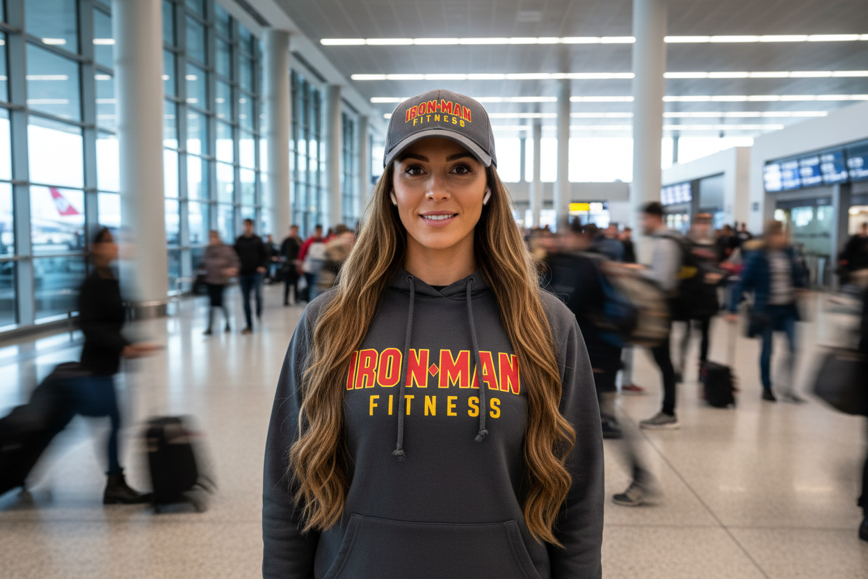 CREATE AN IMAGE OF AN ATTRACTIVE WOMAN WITH LONG BROWN HAIR; IN A BUSY AIRPORT - OTHER PEOPLE ARE MOVING IN FAST MOTION AND ARE SLIGHTLY BLURRED; WOMAN IS IN CENTER, IN CLEAR FOCUS. SHE IS WEARING A HAT AND HOODIE THAT ARE ADVERTISING A LOCAL GYM CALLED 'IRON MAN FITNESS'; 