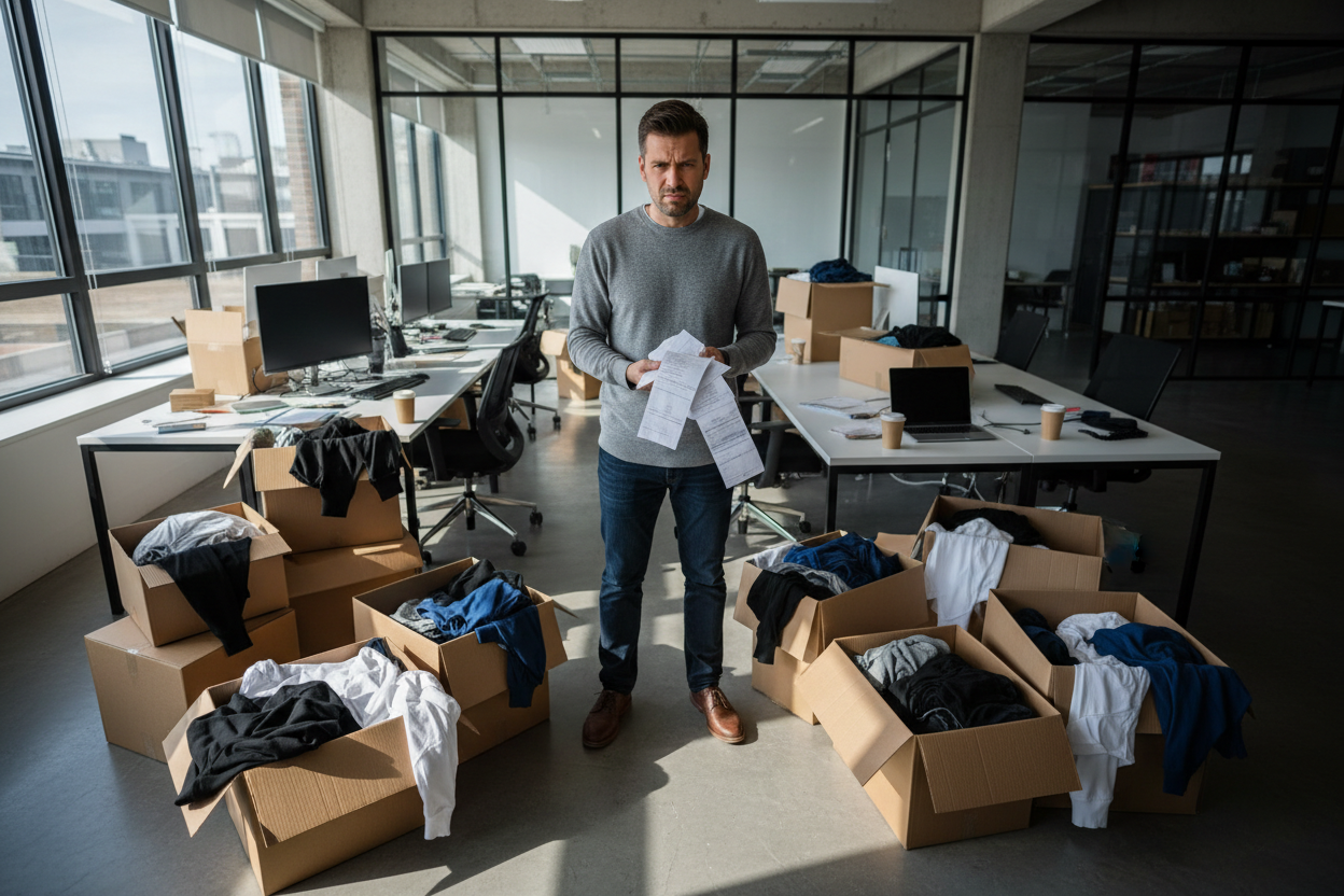 GIVE AN IMAGE OF A BUSINESS OWNER LOOKING FRUSTRATED AROUND A BUNCH OF CARDBOARD BOXES FILLED WITH SHIRTS AND HOODIES; HOLDING PAPERS IN ONE HAND; OFFICE SETTING; NATURAL LIGHT